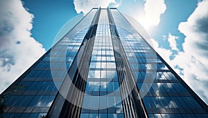 Futuristic skyscraper reflects blue sky in modern steel facade generated by AI