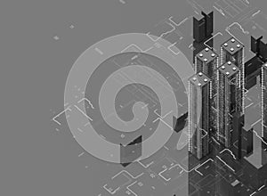 Futuristic skyscrapers in the flow. The flow of digital data. city of the future. 3D illustration. 3D rendering. Black