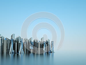 Futuristic skyscrapers in the flow. The flow of digital data. city of the future. 3D illustration. 3D rendering