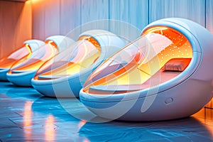 Futuristic sleep pods glow with calming light, offering restful escape