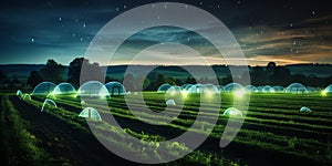 Futuristic Smart Agriculture: Nighttime View of a Farm with Digital Grid Overlay and IoT Technology Enhancing Crop Rows