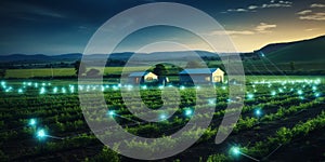 Futuristic Smart Agriculture: Nighttime View of a Farm with Digital Grid Overlay and IoT Technology Enhancing Crop Rows