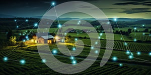 Futuristic Smart Agriculture Nighttime View of a Farm with Digital Grid Overlay and IoT Technology Enhancing Crop Rows