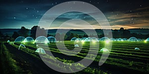 Futuristic Smart Agriculture Nighttime View of a Farm with Digital Grid Overlay and IoT Technology Enhancing Crop Rows