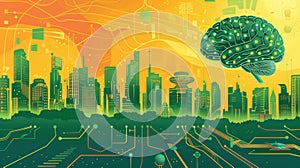 Futuristic Smart City with Neural Network Brain Illustration