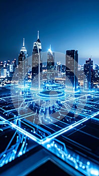 Futuristic smart city skyline at night with glowing blue digital network infrastructure