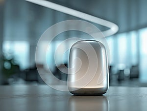 Futuristic smart device in a modern corporate setting