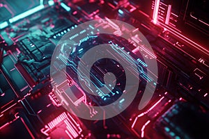 A futuristic smart grid, featuring interconnected glowing AI-driven data pathways, cybernetic energy