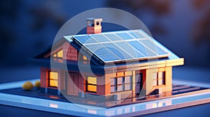 Futuristic smart home 3d model with solar panels, blurred background, renewable energy concept