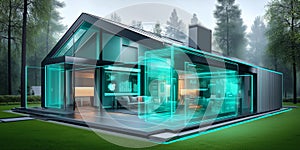 A futuristic smart home blends technology and architecture in a forest setting