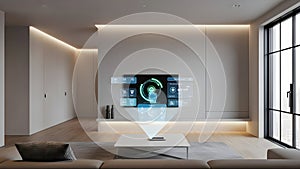 Futuristic Smart Home Control Panel Projected in Minimalist Living Room