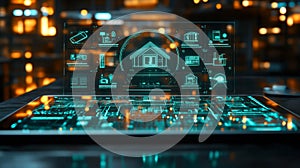 Futuristic smart home control panel projected in modern environment for seamless home management