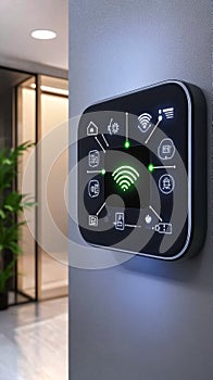 Futuristic smart home control panel in a stylish interior hallway