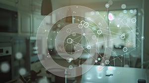 Futuristic smart home network visualization in kitchen