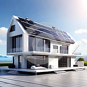 Futuristic smart home with solar panels system on rooftop of renewable energy concepts. generative AI