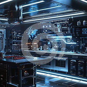 Futuristic smart kitchen with advanced technology and sleek design