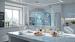 Futuristic smart kitchen with holographic interface and modern white interior design