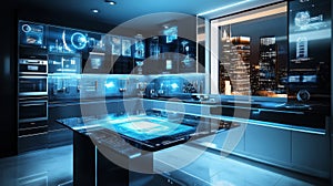 Futuristic Smart Kitchen with Holographic Interface at Night