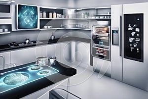 A futuristic smart kitchen interior