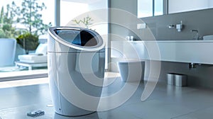 Futuristic Smart Laundry Bin for High-Tech Bathrooms photo