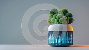 Futuristic smart planter with glowing digital interface