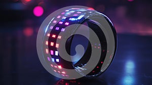 A futuristic smart ring featuring an array of micro LED lights and a smooth metal finish. The ring is equipped with