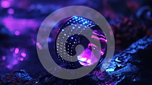 A futuristic smart ring featuring an array of micro LED lights and a smooth metal finish. The ring is equipped with