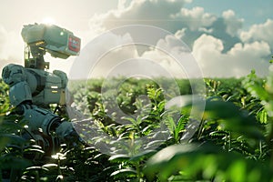 Futuristic Smart robot farmer working on organic farm in greenhouse. Integration of advanced Agriculture technology.