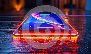 Futuristic smartphone with battery charging indicator on screen placed on wireless charging pad with glowing neon rings on a