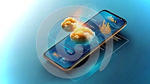 Futuristic smartphone dashboard displaying advanced AI and data visualization features