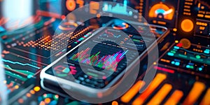 Futuristic Smartphone Displaying Advanced Data Analytics and Business Intelligence Graphs on a Dynamic Interface