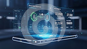 Futuristic Smartphone Displaying Financial Data and Transactions