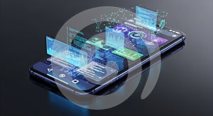 Futuristic smartphone displaying holographic data and code