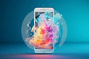 Futuristic smartphone floating in air with glowing light and colorful smoke in background