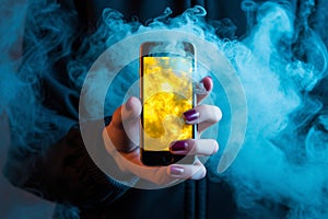 Futuristic smartphone floating in air with light blue and yellow smoke background