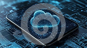 Futuristic smartphone with a glowing cloud symbol, representing data storage and cloud computing technology on a digital