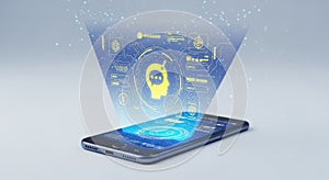 Futuristic smartphone hologram displaying data and technology interface above device