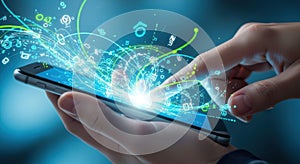Futuristic smartphone interaction with glowing digital network and data streams