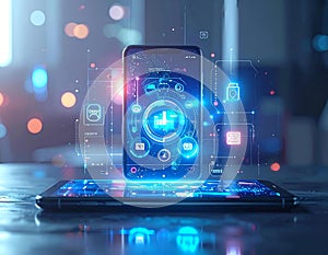 Futuristic Smartphone Interface with Digital Technology and Data Analytics Concept