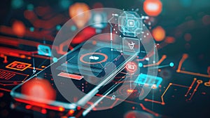 Futuristic smartphone interface with glowing digital icons and abstract technological elements.