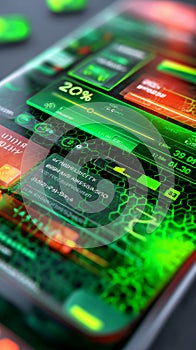 Futuristic smartphone interface with glowing neon data panels and technology dashboard overlay