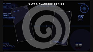 Futuristic smartphone user interface with digital HUD elements and system data visualization on dark background