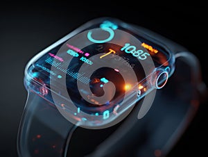 Futuristic smartwatch with holographic interface and digital display apps
