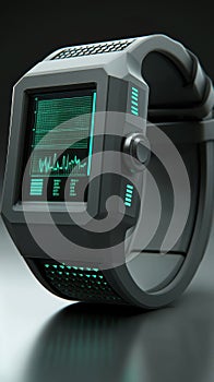 Futuristic smartwatch with a sleek design and glowing green interface, AI photo