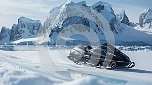 Futuristic Snowmobile in the mountains . Arctic snowmobile of the future