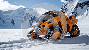 Futuristic Snowmobile in the mountains . Arctic snowmobile of the future
