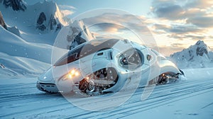 Futuristic Snowmobile in the mountains . Arctic snowmobile of the future