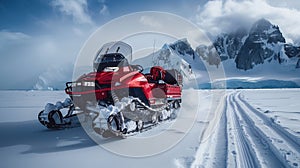 Futuristic Snowmobile in the mountains . Arctic snowmobile of the future