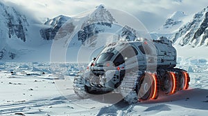 Futuristic Snowmobile in the mountains . Arctic snowmobile of the future