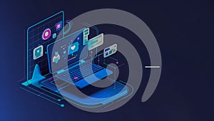 Futuristic Social Media and AI Interface on Laptop